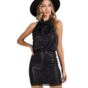Black Sequin Halter Mini Dress